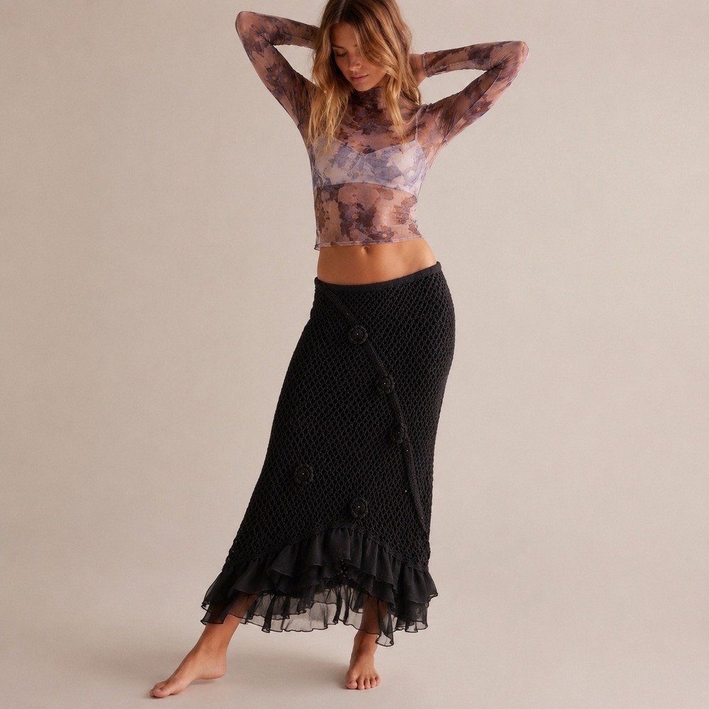 Black Crochet Beaded Floral Maxi Skirt Women XL Bias Ruffle Boho Y2K Whimsigoth